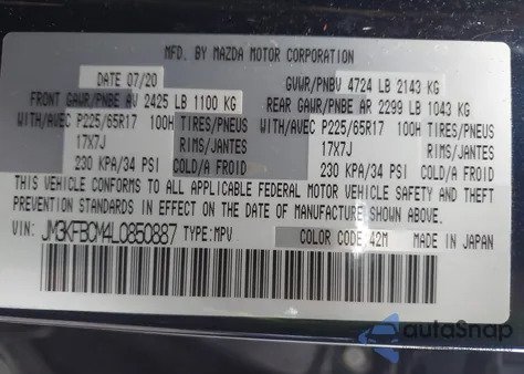 2020 Mazda Cx-5 Touring z USA, uszkodzony, nr VIN JM3KFBCM4L0850887